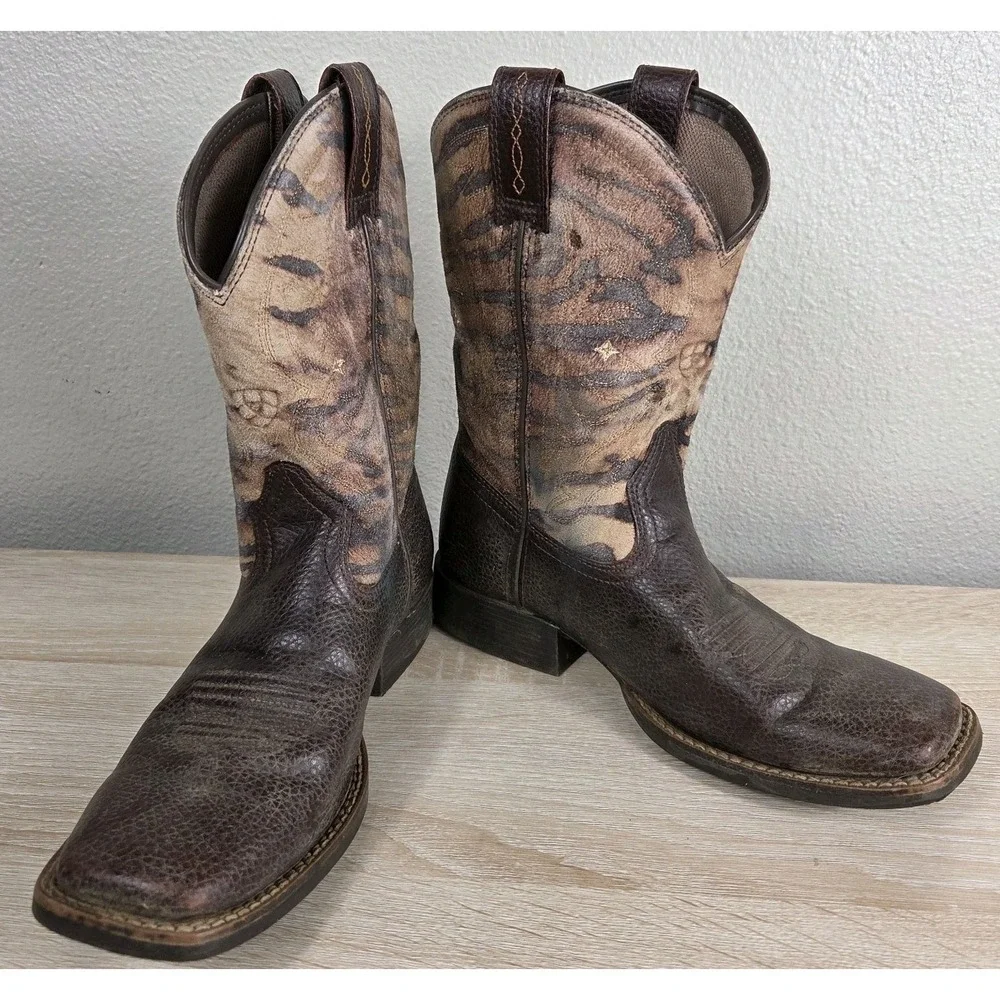 Ariat Kids Western Cowboy Boots Brown Leather Tiger Print Size 2.5 Youth‎